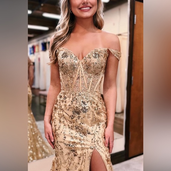 Sherri Hill Gold Sequin Off-Shoulder Gown - Picture 2 of 5